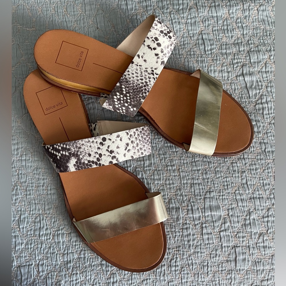 DOLCE VITA FLAT SLIDE ON SANDALS W/GOLD LEATHER/SNAKESKIN PRINT STRAPS SIZE 10